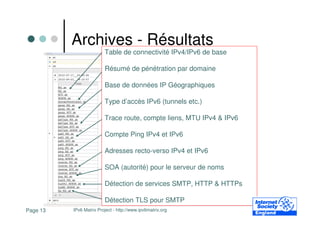Archives - Résultats
                         Table de connectivité IPv4/IPv6 de base

                         Résumé de pénétration par domaine

                         Base de données IP Géographiques

                         Type d’accès IPv6 (tunnels etc.)

                         Trace route, compte liens, MTU IPv4 & IPv6

                         Compte Ping IPv4 et IPv6

                         Adresses recto-verso IPv4 et IPv6

                         SOA (autorité) pour le serveur de noms

                         Détection de services SMTP, HTTP & HTTPs

                         Détection TLS pour SMTP
Page 13   IPv6 Matrix Project - http://www.ipv6matrix.org
 