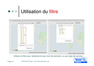 Utilisation du filtre




          Utilisez le filtre pour sélectionner par nom de domaine, ou par type de service.

Page 15            IPv6 Matrix Project - http://www.ipv6matrix.org
 