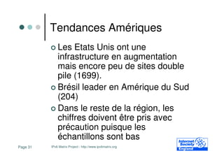 Tendances Amériques
              Les Etats Unis ont une
              infrastructure en augmentation
              mais encore peu de sites double
              pile (1699).
              Brésil leader en Amérique du Sud
              (204)
              Dans le reste de la région, les
              chiffres doivent être pris avec
              précaution puisque les
              échantillons sont bas
Page 31   IPv6 Matrix Project - http://www.ipv6matrix.org
 