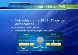 Introducción a IPv6


1. Introducción a IPv6: Tipos de
   direcciones
Direcciones IPv6 unicast:
 Cambio de terminología: En IPv4




    http://www.franciscosepulveda.eu                    38
 