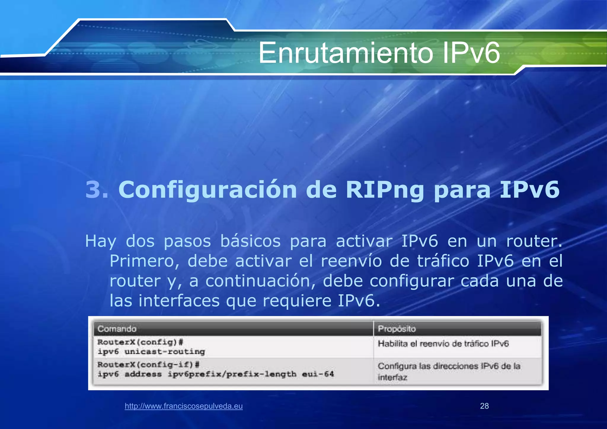 Enrutamiento IPv6



3. Configuración de RIPng para IPv6

Hay dos pasos básicos para activar IPv6 en un router.
  Primero, debe activar el reenvío de tráfico IPv6 en el
  router y, a continuación, debe configurar cada una de
  las interfaces que requiere IPv6.




    http://www.franciscosepulveda.eu                  28
 