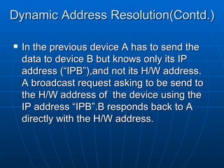 Dynamic Address Resolution(Contd.) In the previous device A has to send the data to device B but knows only its IP address (“IPB”),and not its H/W address. A broadcast request asking to be send to the H/W address of  the device using the IP address “IPB”.B responds back to A directly with the H/W address.  