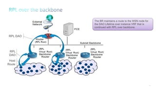 100
The BR maintains a route to the WSN node for
the DAO Lifetime over instance VRF that is
continued with RPL over backbone.
RPL
DAO
RPL DAO
Host
Route
 