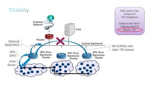 103
RPL
DAO
Optional
NA(EARO)
Host
Route
DAD option has:
Unique ID
TID (SeqNum)
Defend with NA if:
Different ROVR
Newer TID
NA (EARO) with
older TID (loses)
 
