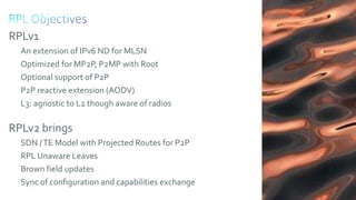129
RPLv1
An extension of IPv6 ND for MLSN
Optimized for MP2P, P2MP with Root
Optional support of P2P
P2P reactive extension (AODV)
L3: agnostic to L2 though aware of radios
RPLv2 brings
SDN /TE Model with Projected Routes for P2P
RPL Unaware Leaves
Brown field updates
Sync of configuration and capabilities exchange
 