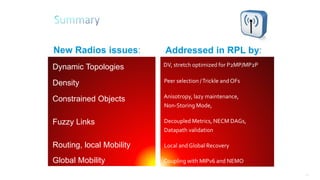 218
DV, stretch optimized for P2MP/MP2P
Peer selection /Trickle and OFs
Anisotropy, lazy maintenance,
Non-Storing Mode,
Decoupled Metrics, NECM DAGs,
Datapath validation
Local and Global Recovery
Coupling with MIPv6 and NEMO
Dynamic Topologies
Density
Constrained Objects
Fuzzy Links
Routing, local Mobility
Global Mobility
New Radios issues: Addressed in RPL by:
 
