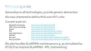 29
Generalize to all technologies, provide generic abstraction
6lo now chartered to define IPv6 over IOT Links
Current work on:
6lo also handles 6LoWPAN maintenance e.g. as stimulated by
6TiSCH to improve 6LoWPAN - RPL interworking
https://tools.ietf.org/html/rfc7668
https://tools.ietf.org/html/rfc8105
https://tools.ietf.org/html/rfc7428
https://tools.ietf.org/html/draft-hou-6lo-plc
https://tools.ietf.org/html/draft-ietf-6lo-nfc
https://tools.ietf.org/html/rfc8163
https://tools.ietf.org/html/draft-delcarpio-6lo-wlanah
https://tools.ietf.org/html/draft-ietf-6tisch-architecture
Bluetooth Low Energy
DECT Ultra Low Energy
Zwave
PLC
Near Field Comms
BACNET
802.11ah
802.15.4eTSCH
 