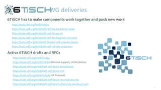 36
6TiSCH has to make components work together and push new work
https://tools.ietf.org/html/rfc8505
https://tools.ietf.org/html/draft-ietf-6lo-backbone-router
https://tools.ietf.org/html/draft-ietf-6lo-ap-nd
https://tools.ietf.org/html/draft-ietf-6lo-fragment-recovery
https://tools.ietf.org/html/draft-thubert-roll-unaware-leaves
https://tools.ietf.org/html/draft-ietf-roll-dao-projection
Active 6TiSCH drafts and RFCs
https://tools.ietf.org/html/rfc7554
https://tools.ietf.org/html/rfc8180 (Minimal support, slotted Aloha)
https://tools.ietf.org/html/draft-ietf-6tisch-architecture
https://tools.ietf.org/html/draft-ietf-6tisch-msf
https://tools.ietf.org/html/rfc8480 (6P Protocol)
https://tools.ietf.org/html/draft-ietf-6tisch-minimal-security
https://tools.ietf.org/html/draft-ietf-6tisch-dtsecurity-zerotouch-join
WG deliveries
 