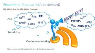 45
RFC 4861 is Reactive, RFC 8505 is Proactive)
Aka
Stateful vs.
On-demand routing
Note: on-demand breaks control vs. Data plane separation
P2P-RPL
RIP
IS-IS
AODV-RPL
 