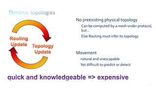 59
No preexisting physical topology
Can be computed by a mesh under protocol,
but…
Else Routing must infer its topology
Movement
natural and unescapable
Yet difficult to predict or detect
 