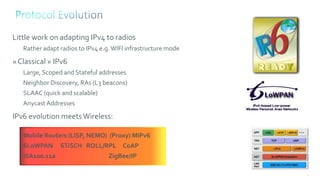 6
Little work on adapting IPv4 to radios
Rather adapt radios to IPv4 e.g.WIFI infrastructure mode
« Classical » IPv6
Large, Scoped and Stateful addresses
Neighbor Discovery, RAs (L3 beacons)
SLAAC (quick and scalable)
Anycast Addresses
IPv6 evolution meetsWireless:
Mobile Routers (LISP, NEMO) (Proxy) MIPv6
6LoWPAN 6TiSCH ROLL/RPL CoAP
ISA100.11a ZigBee/IP
 