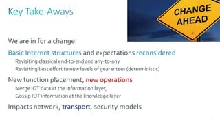8
We are in for a change:
Basic Internet structures and expectations reconsidered
Revisiting classical end-to-end and any-to-any
Revisiting best effort to new levels of guarantees (deterministic)
New function placement, new operations
Merge IOT data at the Information layer,
Gossip IOT information at the knowledge layer
Impacts network, transport, security models
 