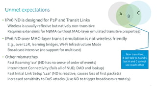81
• IPv6 ND is designed for P2P andTransit Links
Wireless is usually reflexive but natively non-transitive
Requires extensions for NBMA (without MAC-layer emulated transitive properties)
• IPv6 ND over MAC-layer transit emulation is not wireless friendly
E.g., over L2R, learning bridges, Wi-Fi Infrastructure Mode
Broadcast intensive (no support for multicast)
• Other mismatches
Fast Roaming ‘11r’ (ND has no sense of order of events)
Intermittent Connectivity (fails all of NUD, DAD and lookup)
Fast Initial Link Setup ‘11ai’ (ND is reactive, causes loss of first packets)
Increased sensitivity to DoS attacks (Use ND to trigger broadcasts remotely)
A
B
C
Non transitive:
B can talk to A and C
but A and C cannot
see reach other
 