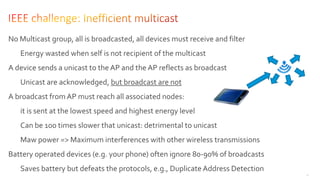 89
No Multicast group, all is broadcasted, all devices must receive and filter
Energy wasted when self is not recipient of the multicast
A device sends a unicast to the AP and the AP reflects as broadcast
Unicast are acknowledged, but broadcast are not
A broadcast fromAP must reach all associated nodes:
it is sent at the lowest speed and highest energy level
Can be 100 times slower that unicast: detrimental to unicast
Maw power => Maximum interferences with other wireless transmissions
Battery operated devices (e.g. your phone) often ignore 80-90% of broadcasts
Saves battery but defeats the protocols, e.g., Duplicate Address Detection
 