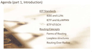 9
Agenda (part 1, Introduction)
IOT Standards
IEEE and LLNs
IETF and 6LoWPAN
IETF 6TiSCH
Routing Concepts
Forms of Routing
Loopless structures
Routing Over Radios
 