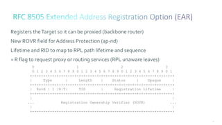 94
Registers theTarget so it can be proxied (backbone router)
New ROVR field forAddress Protection (ap-nd)
Lifetime and RID to map to RPL path lifetime and sequence
+ R flag to request proxy or routing services (RPL unaware leaves)
0 1 2 3
0 1 2 3 4 5 6 7 8 9 0 1 2 3 4 5 6 7 8 9 0 1 2 3 4 5 6 7 8 9 0 1
+-+-+-+-+-+-+-+-+-+-+-+-+-+-+-+-+-+-+-+-+-+-+-+-+-+-+-+-+-+-+-+-+
| Type | Length | Status | Opaque |
+-+-+-+-+-+-+-+-+-+-+-+-+-+-+-+-+-+-+-+-+-+-+-+-+-+-+-+-+-+-+-+-+
| Rsvd | I |R|T| TID | Registration Lifetime |
+-+-+-+-+-+-+-+-+-+-+-+-+-+-+-+-+-+-+-+-+-+-+-+-+-+-+-+-+-+-+-+-+
| |
... Registration Ownership Verifier (ROVR) ...
| |
+-+-+-+-+-+-+-+-+-+-+-+-+-+-+-+-+-+-+-+-+-+-+-+-+-+-+-+-+-+-+-+-+
 