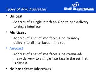 Types of IPv6 Addresses
• Unicast
– Address of a single interface. One-to-one delivery
to single interface
• Multicast
– Address of a set of interfaces. One-to-many
delivery to all interfaces in the set
• Anycast
– Address of a set of interfaces. One-to-one-of-
many delivery to a single interface in the set that
is closest
• No broadcast addresses
 