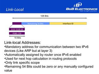 Link-Local
Interface IDRemaining 54 Bits
1111 1110 10
128 Bits
FE80::/10
10 Bits
Link-local Addresses:
•Mandatory address for communication between two IPv6
devices (Like ARP but at layer 3)
•Automatically assigned by router once IPv6 enabled
•Used for next hop calculation in routing protocols
•Only link specific scope
•Remaining 54 Bits could be zero or any manually configured
value
 