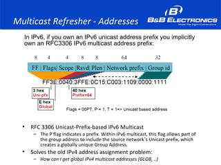 Multicast Refresher - Addresses
• RFC 3306 Unicast-Prefix-based IPv6 Multicast
– The P flag indicates a prefix. Within IPv6 multicast, this flag allows part of
the group address to include the source network’s Unicast prefix, which
creates a globally unique Group Address.
• Solves the old IPv4 address assignment problem:
– How can I get global IPv4 multicast addresses (GLOB, ..)
In IPv6, if you own an IPv6 unicast address prefix you implicitly
own an RFC3306 IPv6 multicast address prefix:
 
