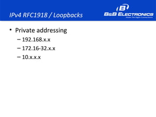 IPv4 RFC1918 / Loopbacks
• Private addressing
– 192.168.x.x
– 172.16-32.x.x
– 10.x.x.x
 