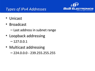 Types of IPv4 Addresses
• Unicast
• Broadcast
– Last address in subnet range
• Loopback addressing
– 127.0.0.1
• Multicast addressing
– 224.0.0.0 - 239.255.255.255
 