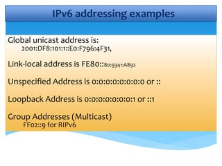 Global unicast address is:
2001:DF8:101:1::E0:F796:4F31,
Link-local address is FE80::80:9341:A892
Unspecified Address is 0:0:0:0:0:0:0:0 or ::
Loopback Address is 0:0:0:0:0:0:0:1 or ::1
Group Addresses (Multicast)
FF02::9 for RIPv6
IPv6 addressing examples
 