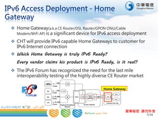 7/16
營業秘密 請勿外洩
 Home Gateway(a.k.a CE Router/DSL Router/GPON ONU/Cable
Modem/WiFi AP) is a significant device for IPv6 access deployment
 CHT will provide IPv6 capable Home Gateways to customer for
IPv6 Internet connection
 Which Home Gateway is truly IPv6 Ready?
Every vendor claims his product is IPv6 Ready, is it real?
 The IPv6 Forum has recognized the need for the last mile
interoperability testing of the highly diverse CE Router market
Home Gateway
 