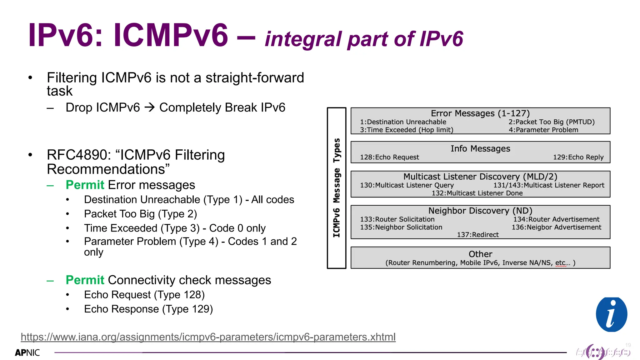 19
IPv6: ICMPv6 – integral part of IPv6
• Filtering ICMPv6 is not a straight-forward
task
– Drop ICMPv6 à Completely Break IPv6
• RFC4890: “ICMPv6 Filtering
Recommendations”
– Permit Error messages
• Destination Unreachable (Type 1) - All codes
• Packet Too Big (Type 2)
• Time Exceeded (Type 3) - Code 0 only
• Parameter Problem (Type 4) - Codes 1 and 2
only
– Permit Connectivity check messages
• Echo Request (Type 128)
• Echo Response (Type 129)
https://www.iana.org/assignments/icmpv6-parameters/icmpv6-parameters.xhtml
 