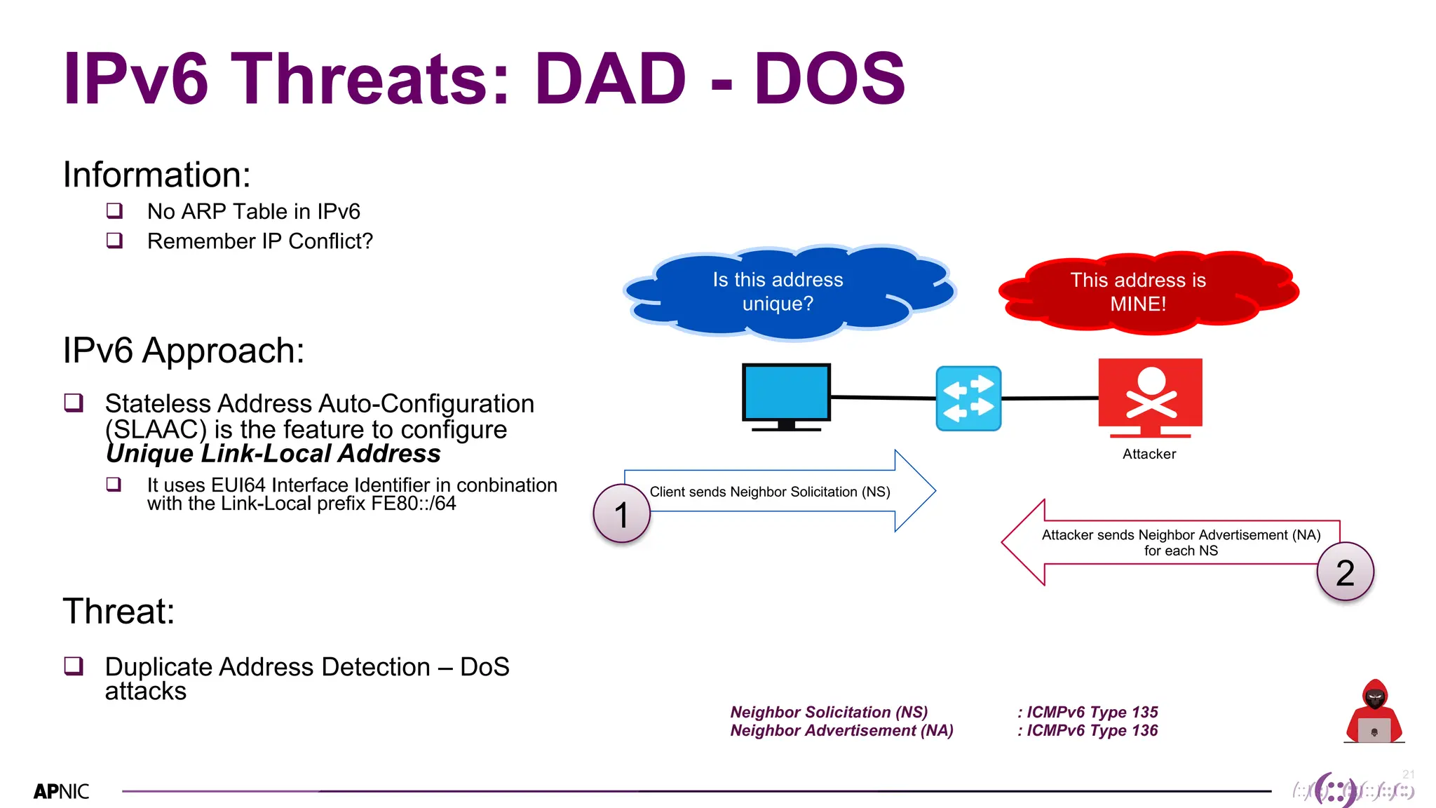 21
IPv6 Threats: DAD - DOS
Information:
q No ARP Table in IPv6
q Remember IP Conflict?
IPv6 Approach:
q Stateless Address Auto-Configuration
(SLAAC) is the feature to configure
Unique Link-Local Address
q It uses EUI64 Interface Identifier in conbination
with the Link-Local prefix FE80::/64
Threat:
q Duplicate Address Detection – DoS
attacks
Neighbor Solicitation (NS) : ICMPv6 Type 135
Neighbor Advertisement (NA) : ICMPv6 Type 136
Attacker
Is this address
unique?
Client sends Neighbor Solicitation (NS)
Attacker sends Neighbor Advertisement (NA)
for each NS
This address is
MINE!
1
2
 