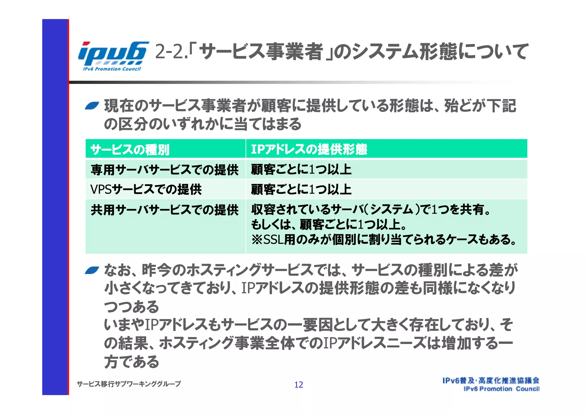 2-2.「サービス事業者」のシステム形態について

    現在のサービス事業者が顧客に提供している形態は、殆どが下記
    の区分のいずれかに当てはまる
  サービスの種別           IPアドレスの提供形態
  専用サーバサービスでの提供 顧客ごとに1つ以上
  VPSサービスでの提供       顧客ごとに1つ以上
  共用サーバサービスでの提供 収容されているサーバ（システム）で1つを共有。
                もしくは、顧客ごとに1つ以上。
                ※SSL用のみが個別に割り当てられるケースもある。

    なお、昨今のホスティングサービスでは、サービスの種別による差が
    小さくなってきており、IPアドレスの提供形態の差も同様になくなり
    つつある
    いまやIPアドレスもサービスの一要因として大きく存在しており、そ
    の結果、ホスティング事業全体でのIPアドレスニーズは増加する一
    方である
サービス移行サブワーキンググループ       12
 