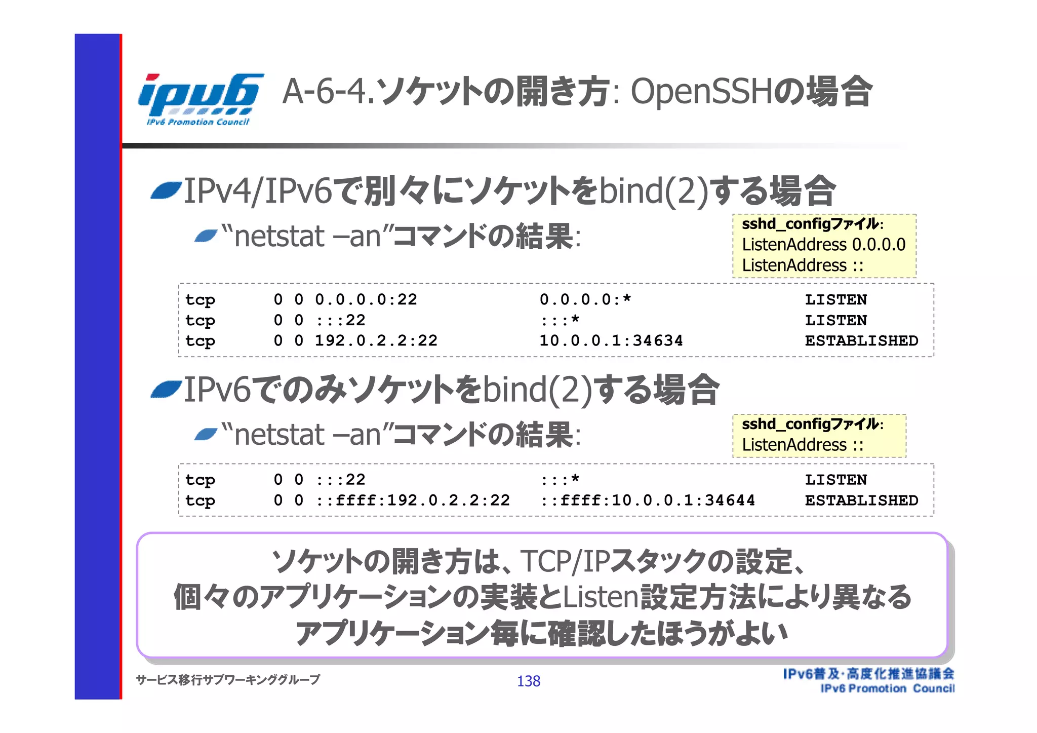 A-6-4.ソケットの開き方: OpenSSHの場合

    IPv4/IPv6で別々にソケットをbind(2)する場合
                                                           sshd_configファイル:
          “netstat –an”コマンドの結果:                            ListenAddress 0.0.0.0
                                                           ListenAddress ::
    tcp     0 0 0.0.0.0:22              0.0.0.0:*                  LISTEN
    tcp     0 0 :::22                   :::*                       LISTEN
    tcp     0 0 192.0.2.2:22            10.0.0.1:34634             ESTABLISHED


    IPv6でのみソケットをbind(2)する場合
                                                           sshd_configファイル:
          “netstat –an”コマンドの結果:                            ListenAddress ::
    tcp     0 0 :::22                   :::*                       LISTEN
    tcp     0 0 ::ffff:192.0.2.2:22     ::ffff:10.0.0.1:34644      ESTABLISHED


      ソケットの開き方は、TCP/IPスタックの設定、
       ソケットの開き方は、TCP/IPスタックの設定、
   個々のアプリケーションの実装とListen設定方法により異なる
   個々のアプリケーションの実装とListen設定方法により異なる
        アプリケーション毎に確認したほうがよい
        アプリケーション毎に確認したほうがよい
サービス移行サブワーキンググループ                     138
 