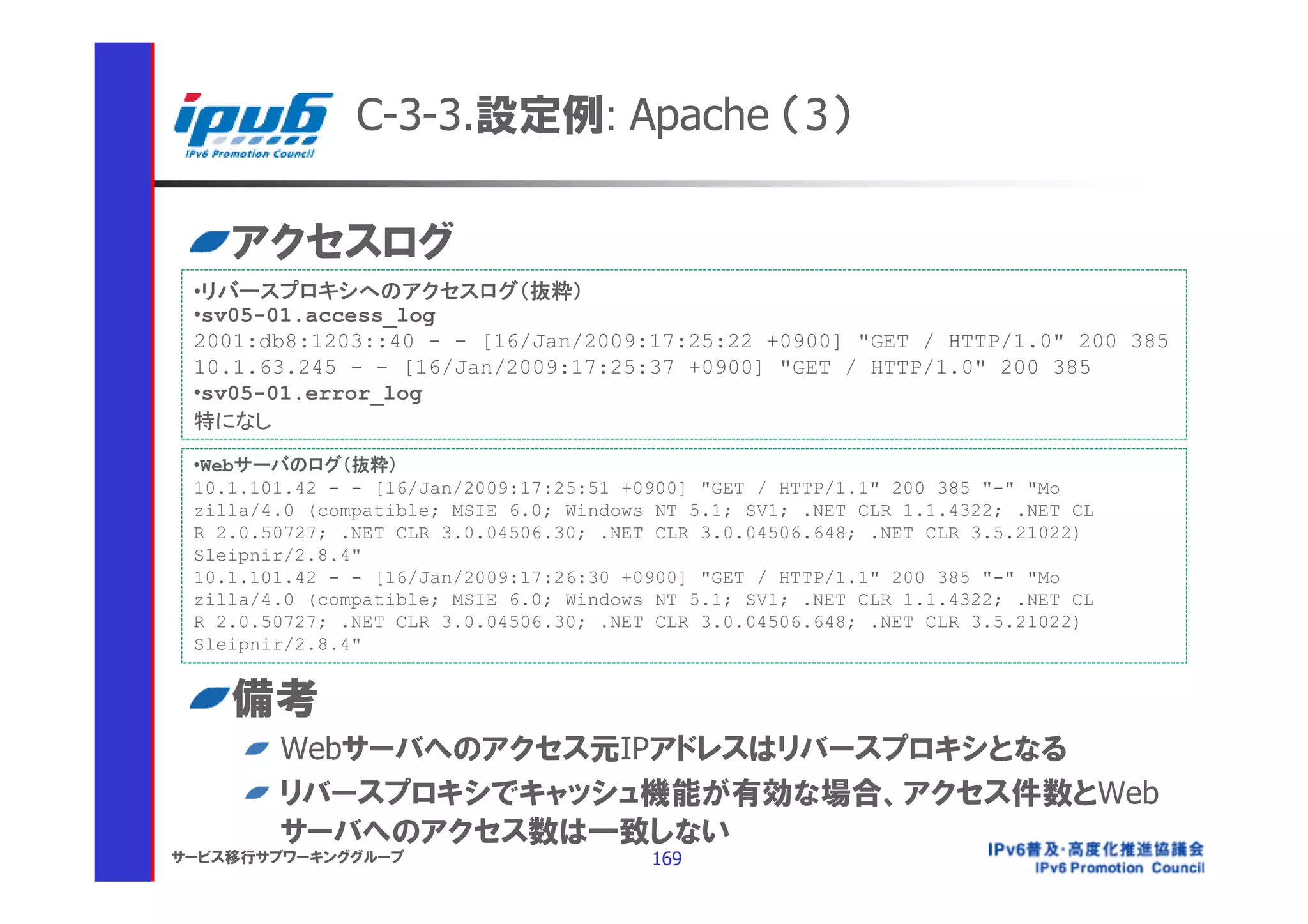 C-3-3.設定例: Apache （3）

    アクセスログ
 •リバースプロキシへのアクセスログ（抜粋）
 •sv05-01.access_log
 2001:db8:1203::40 - - [16/Jan/2009:17:25:22 +0900] "GET / HTTP/1.0" 200 385
 10.1.63.245 - - [16/Jan/2009:17:25:37 +0900] "GET / HTTP/1.0" 200 385
 •sv05-01.error_log
 特になし
 •Webサーバのログ（抜粋）
 10.1.101.42 - - [16/Jan/2009:17:25:51 +0900] "GET / HTTP/1.1" 200 385 "-" "Mo
 zilla/4.0 (compatible; MSIE 6.0; Windows NT 5.1; SV1; .NET CLR 1.1.4322; .NET CL
 R 2.0.50727; .NET CLR 3.0.04506.30; .NET CLR 3.0.04506.648; .NET CLR 3.5.21022)
 Sleipnir/2.8.4"
 10.1.101.42 - - [16/Jan/2009:17:26:30 +0900] "GET / HTTP/1.1" 200 385 "-" "Mo
 zilla/4.0 (compatible; MSIE 6.0; Windows NT 5.1; SV1; .NET CLR 1.1.4322; .NET CL
 R 2.0.50727; .NET CLR 3.0.04506.30; .NET CLR 3.0.04506.648; .NET CLR 3.5.21022)
 Sleipnir/2.8.4"


    備考
        Webサーバへのアクセス元IPアドレスはリバースプロキシとなる
        リバースプロキシでキャッシュ機能が有効な場合、アクセス件数とWeb
        サーバへのアクセス数は一致しない
サービス移行サブワーキンググループ                        169
 