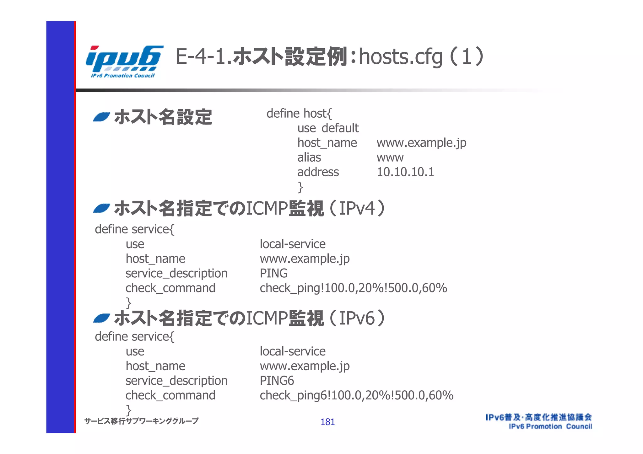 E-4-1.ホスト設定例：hosts.cfg （1）

    ホスト名設定                    define host{
                                    use default
                                    host_name     www.example.jp
                                    alias         www
                                    address       10.10.10.1
                                    }
    ホスト名指定でのICMP監視 （IPv4）
 define service{
       use                   local-service
       host_name             www.example.jp
       service_description   PING
       check_command         check_ping!100.0,20%!500.0,60%
       }
    ホスト名指定でのICMP監視 （IPv6）
 define service{
       use                   local-service
       host_name             www.example.jp
       service_description   PING6
       check_command         check_ping6!100.0,20%!500.0,60%
       }
サービス移行サブワーキンググループ                      181
 