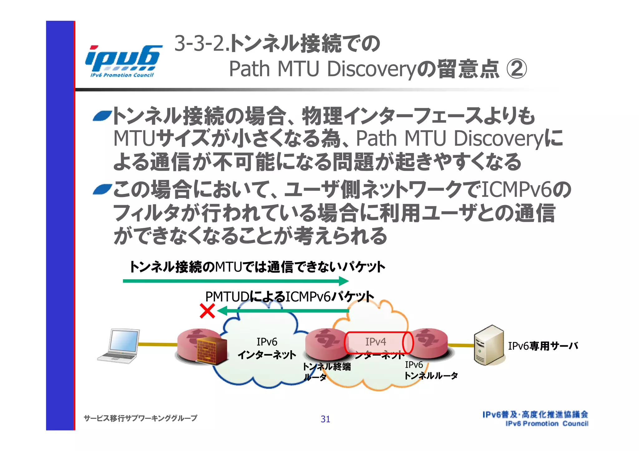 3-3-2.トンネル接続での
                   Path MTU Discoveryの留意点 ②

    トンネル接続の場合、物理インターフェースよりも
    MTUサイズが小さくなる為、Path MTU Discoveryに
    よる通信が不可能になる問題が起きやすくなる
    この場合において、ユーザ側ネットワークでICMPv6の
    フィルタが行われている場合に利用ユーザとの通信
    ができなくなることが考えられる
      トンネル接続のMTUでは通信できないパケット

                    PMTUDによるICMPv6パケット
                ×
                         IPv6             IPv4              IPv6専用サーバ
                       インターネット          インターネット
                                 トンネル終端           IPv6
                                 ルータ              トンネルルータ



サービス移行サブワーキンググループ                  31
 