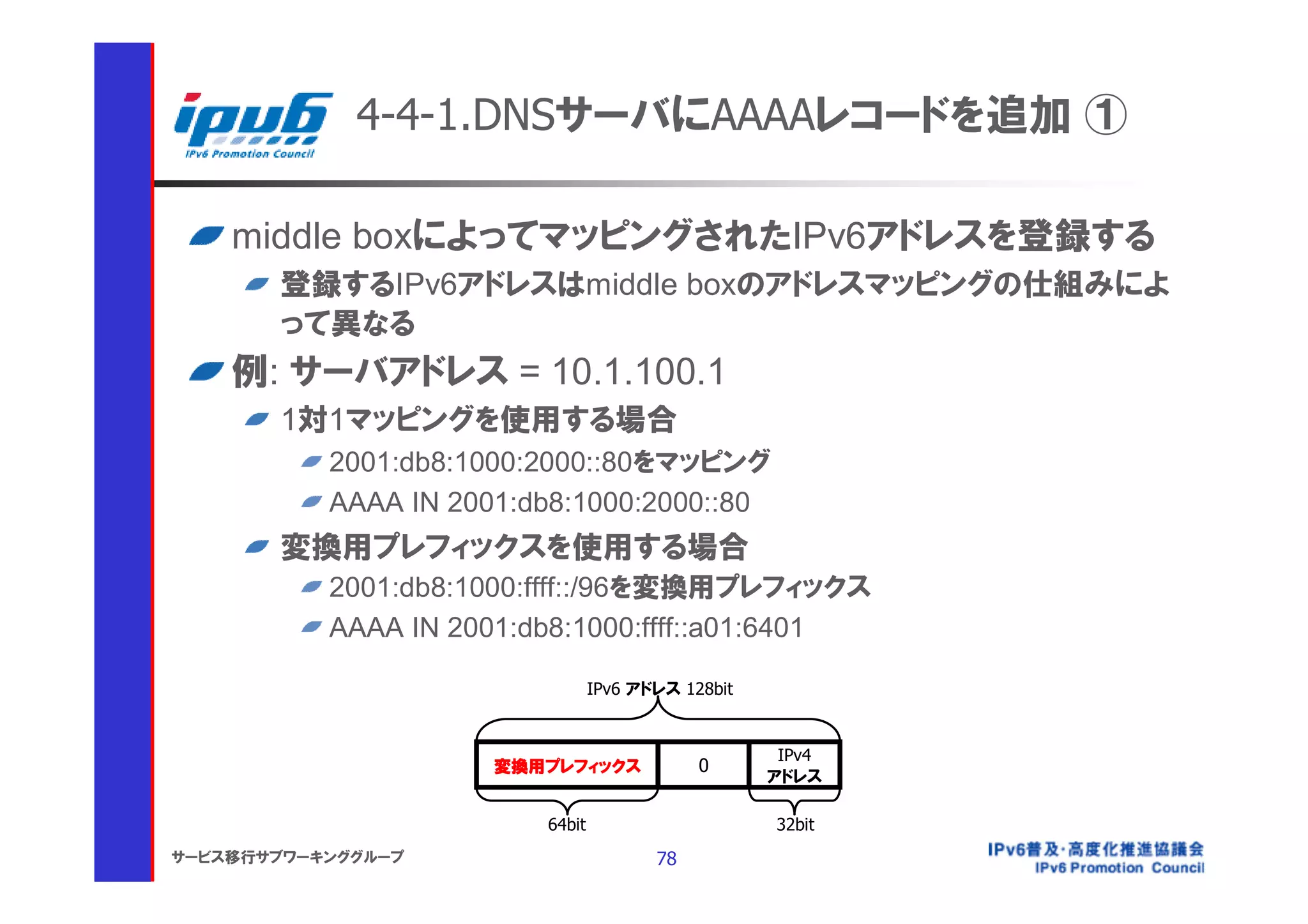 4-4-1.DNSサーバにAAAAレコードを追加 ①

    middle boxによってマッピングされたIPv6アドレスを登録する
       登録するIPv6アドレスはmiddle boxのアドレスマッピングの仕組みによ
       って異なる
    例: サーバアドレス = 10.1.100.1
       1対1マッピングを使用する場合
           2001:db8:1000:2000::80をマッピング
           AAAA IN 2001:db8:1000:2000::80
       変換用プレフィックスを使用する場合
           2001:db8:1000:ffff::/96を変換用プレフィックス
           AAAA IN 2001:db8:1000:ffff::a01:6401

                                 IPv6 アドレス 128bit


                                                     IPv4
                      変換用プレフィックス             0
                                                    アドレス

                         64bit                      32bit
サービス移行サブワーキンググループ                       78
 