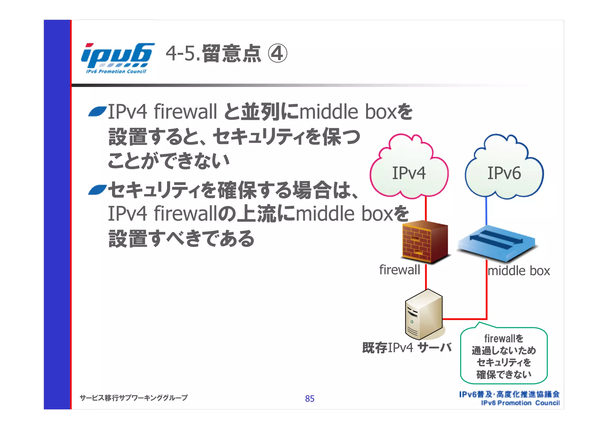 4-5.留意点 ④

    IPv4 firewall と並列にmiddle boxを
    設置すると、セキュリティを保つ
    ことができない
                                IPv4         IPv6
    セキュリティを確保する場合は、
    IPv4 firewallの上流にmiddle boxを
    設置すべきである
                               firewall      middle box




                                             firewallを
                              既存IPv4 サーバ   通過しないため
                                            セキュリティを
                                           確保できない

サービス移行サブワーキンググループ        85
 