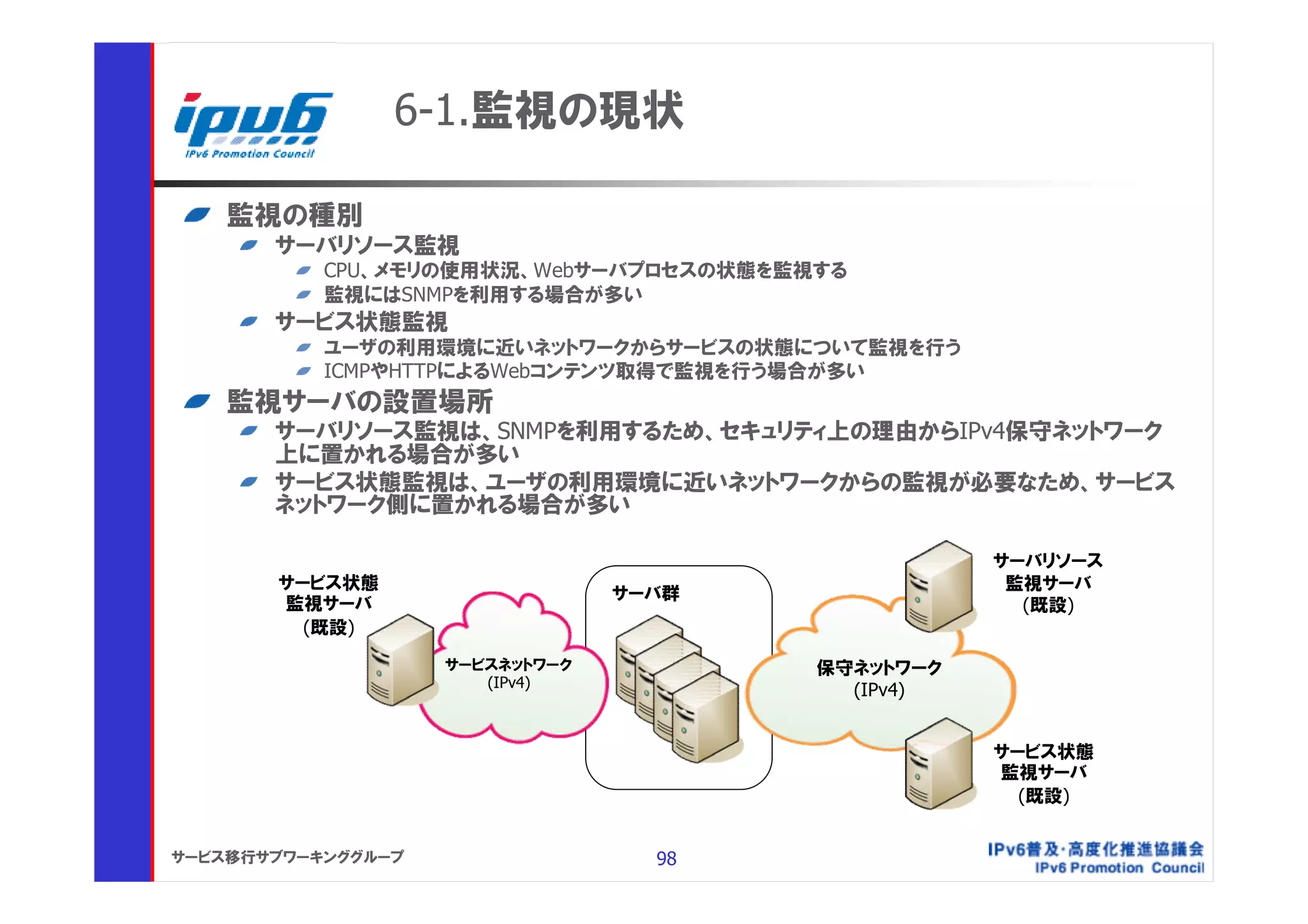 6-1.監視の現状

    監視の種別
       サーバリソース監視
           CPU、メモリの使用状況、Webサーバプロセスの状態を監視する
           監視にはSNMPを利用する場合が多い
       サービス状態監視
           ユーザの利用環境に近いネットワークからサービスの状態について監視を行う
           ICMPやHTTPによるWebコンテンツ取得で監視を行う場合が多い
    監視サーバの設置場所
       サーバリソース監視は、SNMPを利用するため、セキュリティ上の理由からIPv4保守ネットワーク
       上に置かれる場合が多い
       サービス状態監視は、ユーザの利用環境に近いネットワークからの監視が必要なため、サービス
       ネットワーク側に置かれる場合が多い

                                                   サーバリソース
       サービス状態                                       監視サーバ
                                 サーバ群
       監視サーバ                                         (既設)
         (既設)
                    サービスネットワーク          保守ネットワーク
                       (IPv4)
                                          (IPv4)


                                                   サービス状態
                                                   監視サーバ
                                                     (既設)


サービス移行サブワーキンググループ                  98
 