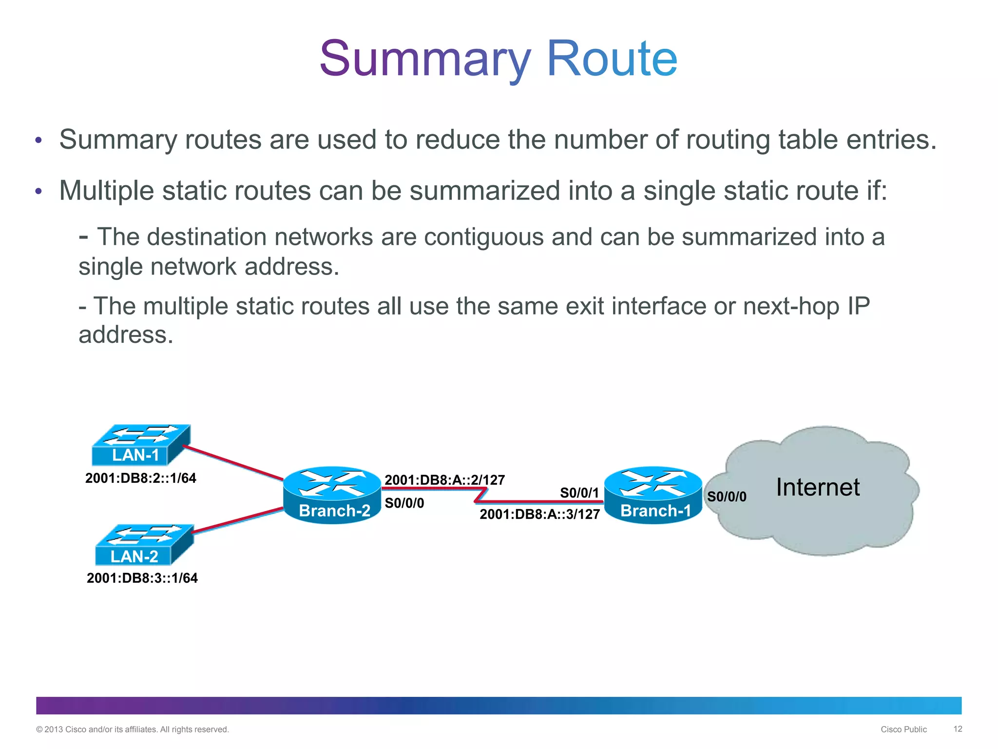 © 2013 Cisco and/or its affiliates. All rights reserved. Cisco Public 12
• Summary routes are used to reduce the number of routing table entries.
• Multiple static routes can be summarized into a single static route if:
- The destination networks are contiguous and can be summarized into a
single network address.
- The multiple static routes all use the same exit interface or next-hop IP
address.
Branch-2
2001:DB8:A::2/127
2001:DB8:A::3/127
2001:DB8:2::1/64
S0/0/0
S0/0/1 InternetS0/0/0
Branch-1
LAN-1
LAN-2
2001:DB8:3::1/64
 