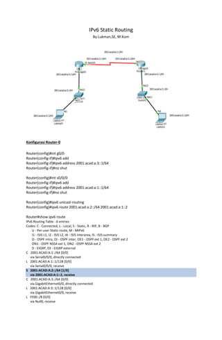 IPv6 Static Routing
By Lukman,SE, M.Kom
Konfigurasi Router-0
Router(config)#int g0/0
Router(config-if)#ipv6 add
Router(config-if)#ipv6 address 2001:acad:a:3::1/64
Router(config-if)#no shut
Router(config)#int s0/0/0
Router(config-if)#ipv6 add
Router(config-if)#ipv6 address 2001:acad:a:1::1/64
Router(config-if)#no shut
Router(config)#ipv6 unicast-routing
Router(config)#ipv6 route 2001:acad:a:2::/64 2001:acad:a:1::2
Router#show ipv6 route
IPv6 Routing Table - 6 entries
Codes: C - Connected, L - Local, S - Static, R - RIP, B - BGP
U - Per-user Static route, M - MIPv6
I1 - ISIS L1, I2 - ISIS L2, IA - ISIS interarea, IS - ISIS summary
O - OSPF intra, OI - OSPF inter, OE1 - OSPF ext 1, OE2 - OSPF ext 2
ON1 - OSPF NSSA ext 1, ON2 - OSPF NSSA ext 2
D - EIGRP, EX - EIGRP external
C 2001:ACAD:A:1::/64 [0/0]
via Serial0/0/0, directly connected
L 2001:ACAD:A:1::1/128 [0/0]
via Serial0/0/0, receive
S 2001:ACAD:A:2::/64 [1/0]
via 2001:ACAD:A:1::2, receive
C 2001:ACAD:A:3::/64 [0/0]
via GigabitEthernet0/0, directly connected
L 2001:ACAD:A:3::1/128 [0/0]
via GigabitEthernet0/0, receive
L FF00::/8 [0/0]
via Null0, receive
 