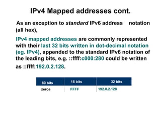 IPv4 Mapped addresses cont.
As an exception to standard IPv6 address            notation
(all hex),
IPv4 mapped addresses are commonly represented
with their last 32 bits written in dot-decimal notation
(eg. IPv4), appended to the standard IPv6 notation of
the leading bits, e.g. ::ffff:c000:280 could be written
as ::ffff:192.0.2.128.

           80 bits       16 bits          32 bits

           zeros         FFFF      192.0.2.128
 