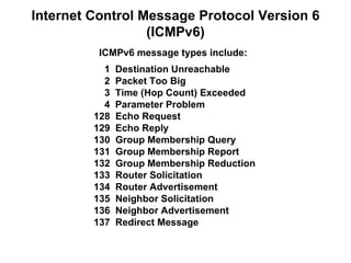 Internet Control Message Protocol Version 6
                  (ICMPv6)
          ICMPv6 message types include:
           1   Destination Unreachable
           2   Packet Too Big
           3   Time (Hop Count) Exceeded
           4   Parameter Problem
         128   Echo Request
         129   Echo Reply
         130   Group Membership Query
         131   Group Membership Report
         132   Group Membership Reduction
         133   Router Solicitation
         134   Router Advertisement
         135   Neighbor Solicitation
         136   Neighbor Advertisement
         137   Redirect Message
 
