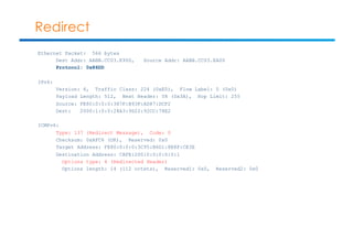 Redirect 
Ethernet Packet: 566 bytes 
Dest Addr: AABB.CC03.E900, Source Addr: AABB.CC03.EA00 
Protocol: 0x86DD 
IPv6: 
Version: 6, Traffic Class: 224 (0xE0), Flow Label: 0 (0x0) 
Payload Length: 512, Next Header: 58 (0x3A), Hop Limit: 255 
Source: FE80:0:0:0:387F:B93F:AD87:DCF2 
Dest: 2000:1:0:0:28A3:9D22:92CC:78E2 
ICMPv6: 
Type: 137 (Redirect Message), Code: 0 
Checksum: 0xAFC6 (OK), Reserved: 0x0 
Target Address: FE80:0:0:0:3C95:B6D1:8E8F:CE3E 
Destination Address: CAFE:200:0:0:0:0:0:1 
Options type: 4 (Redirected Header) 
Options length: 14 (112 octets), Reserved1: 0x0, Reserved2: 0x0 
 