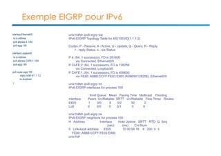 Exemple EIGRP pour IPv6 
interface Ethernet0/0 
no ip address 
ipv6 address 4::1/64 
ipv6 eigrp 100 
interface Loopback0 
no ip address 
ipv6 address CAFE:1::1/64 
ipv6 eigrp 100 
ipv6 router eigrp 100 
eigrp router-id 1.1.1.2 
no shutdown 
! 
unix1b#sh ipv6 eigrp top 
IPv6-EIGRP Topology Table for AS(100)/ID(1.1.1.2) 
Codes: P - Passive, A - Active, U - Update, Q - Query, R - Reply, 
r - reply Status, s - sia Status 
P 4::/64, 1 successors, FD is 281600 
via Connected, Ethernet0/0 
P CAFE:2::/64, 1 successors, FD is 128256 
via Connected, Loopback0 
P CAFE:1::/64, 1 successors, FD is 409600 
via FE80::A8BB:CCFF:FE03:E900 (409600/128256), Ethernet0/0 
unix1b#sh ipv6 eigrp int 
IPv6-EIGRP interfaces for process 100 
Xmit Queue Mean Pacing Time Multicast Pending 
Interface Peers Un/Reliable SRTT Un/Reliable Flow Timer Routes 
Et0/0 1 0/0 8 0/2 50 0 
Lo0 0 0/0 0 0/1 0 0 
unix1b#sh ipv6 eigrp ne 
IPv6-EIGRP neighbors for process 100 
H Address Interface Hold Uptime SRTT RTO Q Seq 
(sec) (ms) Cnt Num 
0 Link-local address: Et0/0 10 00:06:18 8 200 0 3 
FE80::A8BB:CCFF:FE03:E900 
unix1b# 
# 
 