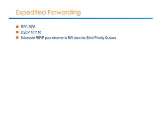 Expedited Forwarding 
n RFC 2598 
n DSCP 101110 
n Nécessite RSVP pour réserver la BW dans les Strict Priority Queues 
 