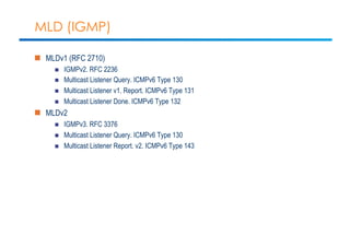 MLD (IGMP) 
n MLDv1 (RFC 2710) 
n IGMPv2. RFC 2236 
n Multicast Listener Query. ICMPv6 Type 130 
n Multicast Listener v1. Report. ICMPv6 Type 131 
n Multicast Listener Done. ICMPv6 Type 132 
n MLDv2 
n IGMPv3. RFC 3376 
n Multicast Listener Query. ICMPv6 Type 130 
n Multicast Listener Report. v2. ICMPv6 Type 143 
 