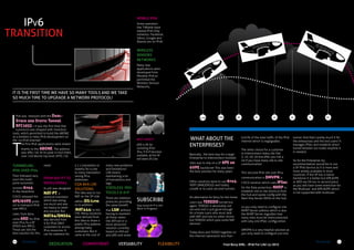 IPV6
TRANSITION

MOBILE IPV6
Some operators
like T.Mobile have
started IPv6 Only
networks. Facebook,
Yahoo, Google and
Akamai are on IPv6!

WIRELESS
SENSORS
NETWORKS
Many new
applications were
developed from
Moobile IPv6 et
permitted the
Wireless Sensors
Networks,.

MAR

IT IS THE FIRST TIME WE HAVE SO MANY TOOLS AND WE TAKE
SO MUCH TIME TO UPGRADE A NETWORK PROTOCOL!

I

Pv6 was released with the Dual-

2100

Stack and Static TunneL
RFC1933. l It was the first time that

a protocol was shipped with transition
tools, which permitted to build the 6BONE
as a testbed to heko IPv6 development on
the 1st IPv6 Internet!
he first IPv6 applications were tested

BEST CHOICE?

T

6RD is OK for
tunneling IPv6/
IPv4. If A+P becomes
available, all the SP
will leave DS-Lite.

thanks to the 6BONE. The address
was 3ffe::/16. At its peak in mid-2003,
over 150 6bone top level 3FFE::/16

TUNNNELING
IPV6 OVER IPV4
Then followed very
soon the multipoint automatic
tunnels 6to4.
In the meantime
CISCO released the

6PE/6VPE protocol to transport IPv6
over MPLS.
Later, from 6to4
came 6RD for IPv6
over IPv4 fo a SP
(FREE) w/o MPLS.
These are still the
best solution for this
10

The Informer

need.

FROM NAT-PT TO
NAT64/DNS64
In y2k was designed

NAT-PT, a

protocol translator
which was doing
too much and was
too heavy to meet
any success. But

NAT64/DNS64
was derived from
it for IPv6 ONLY
customers to access
IPv4 resources. It
can be stateless for

DEDICATION

a 1:1 translation or
stateful for a one
to many translation
saving IPv4
addresses.

CGN AKA LSN
SOLUTIONS

The idea was to run
NAT on the SP side
rather (DS-Lite)
or in addition
(NAT444) to the
CPE. Many solutions
were derived from
this idea to share a
public IPv4 address
among many
customers. But it
came at the cost of

many new problems
and limitations!
LSN means
maintaining a lot
of translations and
logs.

that LSN without
having to maintain
all these states
like dIVI-pd or a
more advanced
solution currently
based on dIVI-pd
and 4RD and some

COMMITMENT

90

WHAT ABOUT THE
ENTERPRISES?
Basically , the best way for a large
Enterprise to interconnect multiple
sites was to rely on a SP 6PE

or

6VPE backbone! This was been
the best solution for many years.

Other solutions were to use 6to4,
VERY DANGEROUS and totally
unsafe or to used secured tunnels.

STATELESS PROTOCOLS  A+P
There are stateless
protocols providing
the same benefit

DB8

SUBSCRIBE
Stay tuned A+P is still
Work in Progress!

VERSABILITY

An alternative for 6to4 for the home
users was TEREDO tunnel but
again, TEREDO is absolutely not
secured and is just good enough
for a home users who must deal
with NAT and had no other choice
but TEREDO which pass some NAT
devices!
Today 6to4 and TERDO together on
the Internet represents less than

FLEXIBILITY

95

45

0,01% of the total traffic of the IPv6
Internet which is negligeable.
The other choice for a customer
to interconnect many site like
5, 10, 20, 30 but after you risk a
lot if you have many site to site
communication.
This secured IPv6 site over IPv4
communication is DMVPN, a

CISCO solution which uses IPSec
for the Data protection, NHRP to
establish site to site shortcut from
the hub and spoke config with the
Next Hop Server (NHS) on the hub.

50

35

60

tunnel. And that’s pretty much it for
the enterprises and the end users! It
manages IPSec and establish direct
tunnel betzeen tzo nodes anytime it
is needed.
So for the Enterprise my
recommendation would be to use
a SP IPv6 Service as it is more and
more widely available in most
countries. If the SP has a native
backbone it is better but 6PE,6VPE
or 6RD are OK too in second place
as you will have some restriction for
the Multicast and 6PE/6VPE which
is not supported with multicast.

so you only need to configure one
NHRP Server address which is also
the NHRP Server regardles how
many sites must be interconnected
with only one IPSec configuration.
DMVPN is a very helpfull solution as
you only need to configure just one

Fred Bovy EIRL - IPv6 For Life! (c) 2012

The Informer

11

 