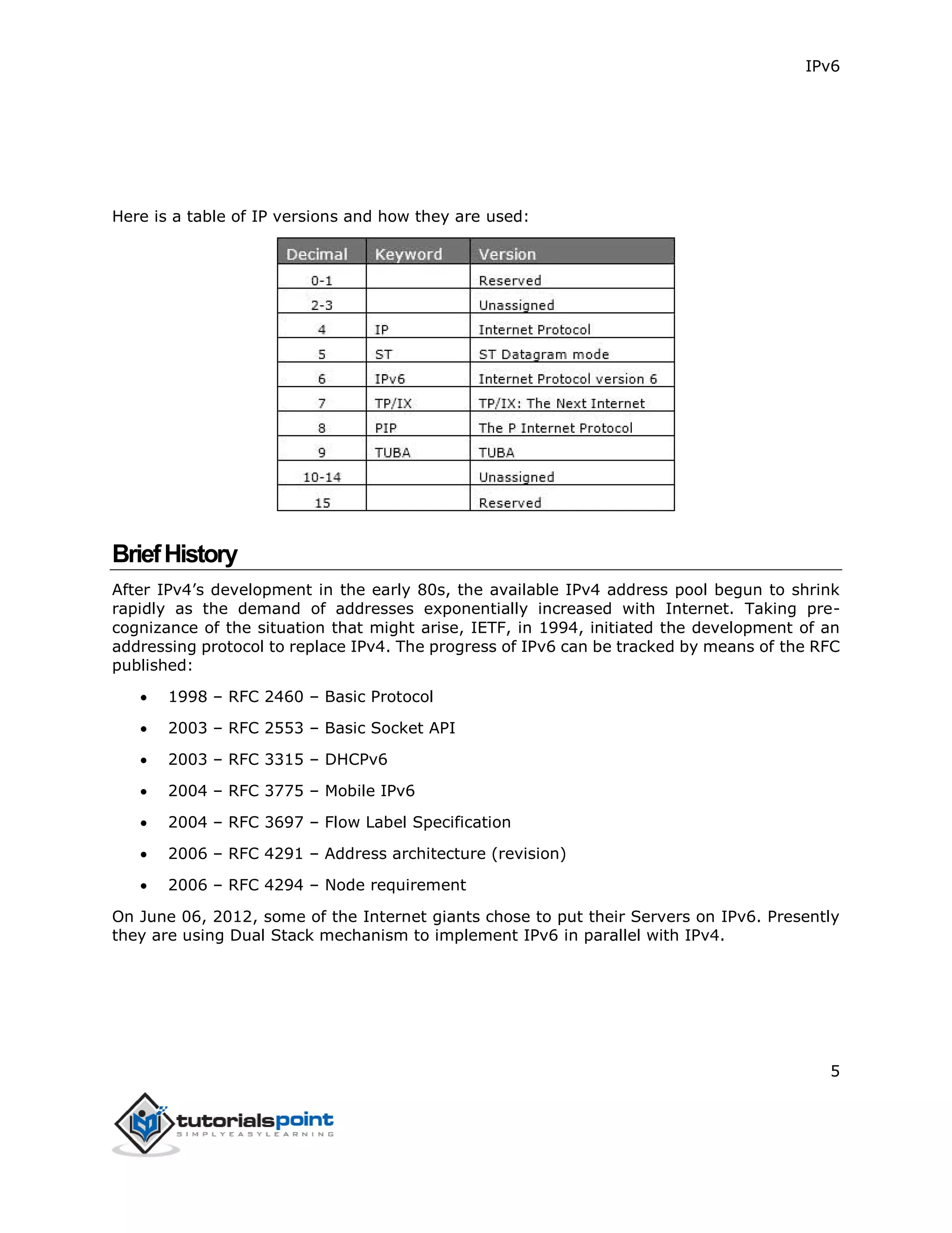 IPv6
5
Here is a table of IP versions and how they are used:
BriefHistory
After IPv4’s development in the early 80s, the available IPv4 address pool begun to shrink
rapidly as the demand of addresses exponentially increased with Internet. Taking pre-
cognizance of the situation that might arise, IETF, in 1994, initiated the development of an
addressing protocol to replace IPv4. The progress of IPv6 can be tracked by means of the RFC
published:
 1998 – RFC 2460 – Basic Protocol
 2003 – RFC 2553 – Basic Socket API
 2003 – RFC 3315 – DHCPv6
 2004 – RFC 3775 – Mobile IPv6
 2004 – RFC 3697 – Flow Label Specification
 2006 – RFC 4291 – Address architecture (revision)
 2006 – RFC 4294 – Node requirement
On June 06, 2012, some of the Internet giants chose to put their Servers on IPv6. Presently
they are using Dual Stack mechanism to implement IPv6 in parallel with IPv4.
 