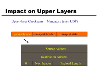 Impact on Upper Layers
 Upper-layer Checksums : Mandatory (even UDP)


  pseudoheader transport header   transport data



                        Source Address

                     Destination Address

          0      Next header      Payload Length
 