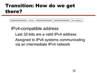 Transition: How do we get
there?
 00000000000000000 – 80 bits – 00000000000000000   0000000000000000   IPv4 address



  IPv4-compatible address
      Last 32-bits are a valid IPv4 address
      Assigned to IPv6 systems communicating
      via an intermediate IPv4 network




                                                                      38
 