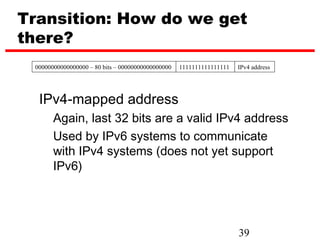 Transition: How do we get
there?
 00000000000000000 – 80 bits – 00000000000000000   1111111111111111   IPv4 address




  IPv4-mapped address
       Again, last 32 bits are a valid IPv4 address
       Used by IPv6 systems to communicate
       with IPv4 systems (does not yet support
       IPv6)




                                                                      39
 